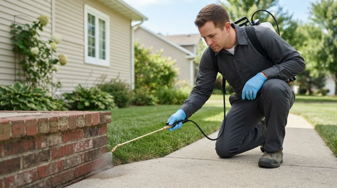 Pest control technician treating a home near Haubstadt, IN