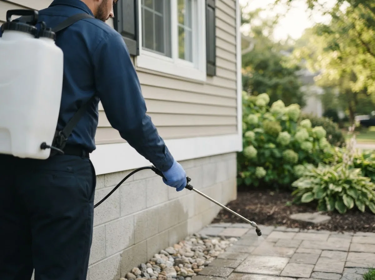 Pest control technician inspecting a home in Haubstadt, IN